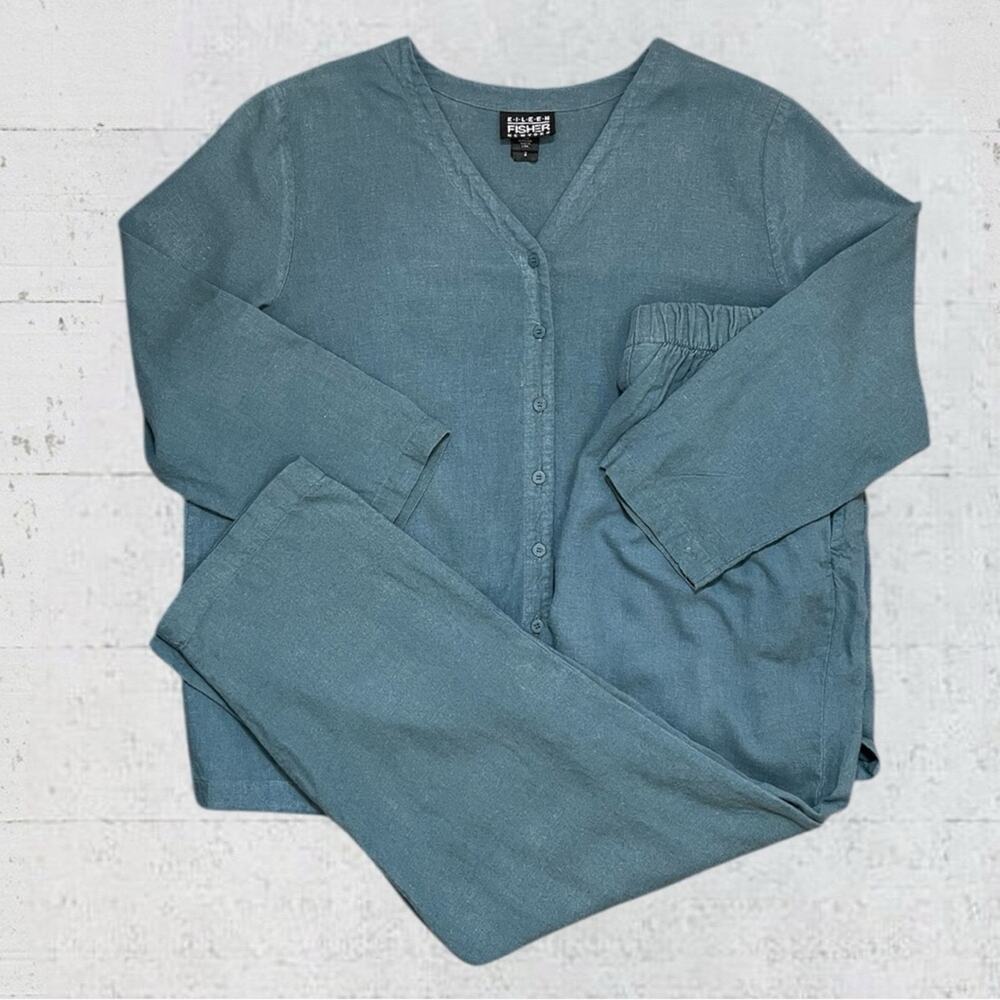 Eileen Fisher Teal Blue Knit Button Cardigan & Pants Set